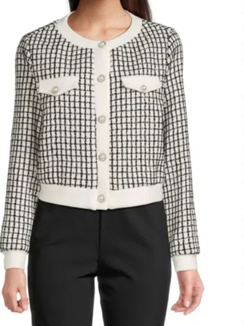 WD.NY Black and White Tweed-Inspired Cropped Cardigan Blazer